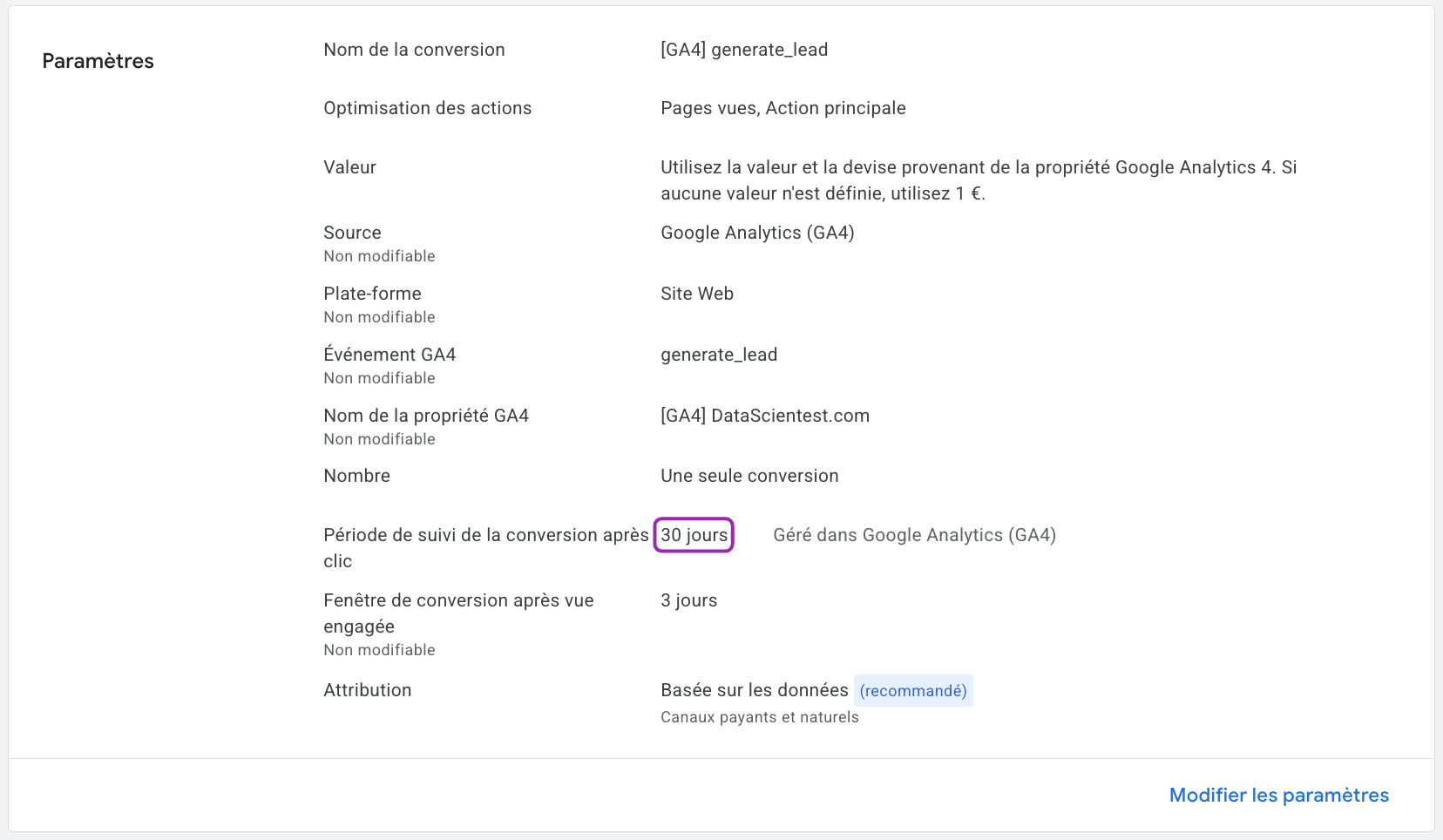 Analytics — fenêtre d'attribution fixée à 30 jours