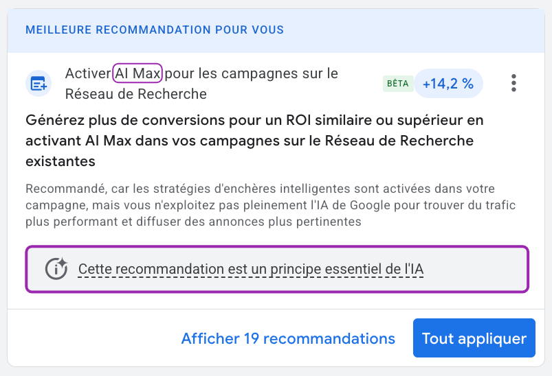 Recommandation Google présentant le ciblage Broad et AI Max comme des principes essentiels de l'IA